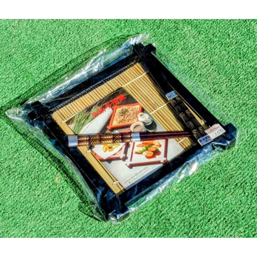 Japanese Chopsticks Set+The Small Soba Bamboo Wood Square Serving Plate Set NIP